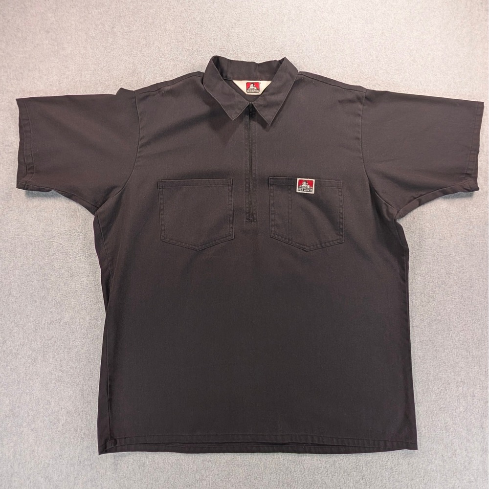 Ben Davis Mens XL Black Half Zip Short Sleeve Work Shirt Heavy Duty Twill Logo